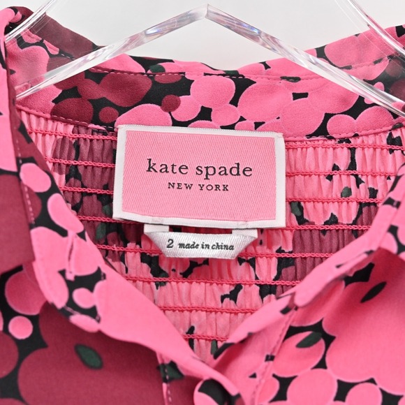 KATE SPADE Bubble Dot Smocked Shirt Dress Size 2 Pink Long Sleeve Retro Preppy - Picture 7 of 13